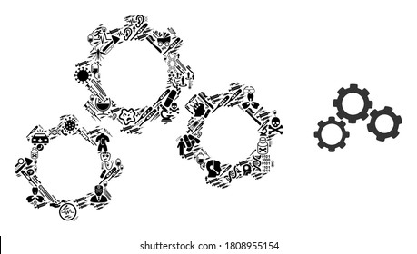 Mosaic gears with health icons and basic icon. Mosaic vector gears is formed with health icons. Abstract illustrations elements for pandemic advertisement. Illustration is based on gears pictogram.