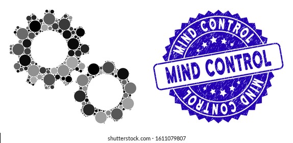 Mosaic gears icon and grunge stamp seal with Mind Control text. Mosaic vector is created with gears pictogram and with random circle spots. Mind Control seal uses blue color, and grunge design.