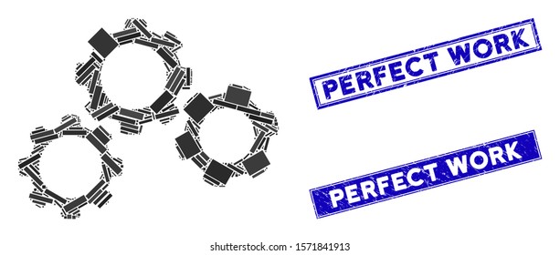 Mosaic gears icon and rectangle Perfect Work rubber prints. Flat vector gears mosaic pictogram of random rotated rectangle elements. Blue Perfect Work seal stamps with rubber textures.