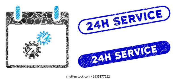 Mosaic gears integration calendar day and distressed stamp seals with 24H Service phrase. Mosaic vector gears integration calendar day is created with scattered rectangle items.
