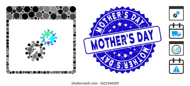 Mosaic gears integration calendar page icon and distressed stamp seal with Mother'S Day phrase. Mosaic vector is composed with gears integration calendar page icon and with scattered round items.