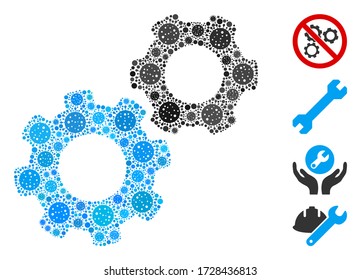 Mosaic gears organized from coronavirus icons in different sizes and color hues. Vector pathogen icons are arranged into abstract mosaic gears icon. Some bonus icons are added.