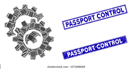 Mosaic gears pictogram and rectangular Passport Control seals. Flat vector gears mosaic icon of random rotated rectangular items. Blue Passport Control rubber seals with rubber surface.