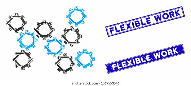 Mosaic gears pictogram and rectangular seal stamps. Flat vector gears mosaic pictogram of randomized rotated rectangle items. Blue caption seal stamps with grunge texture.
