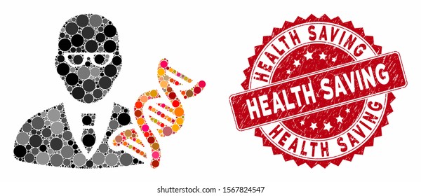 Mosaic genetic engineer and corroded stamp watermark with Health Saving text. Mosaic vector is created with genetic engineer icon and with scattered spheric elements.