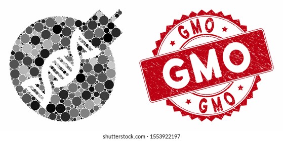 Mosaic genetic weapon and rubber stamp watermark with GMO phrase. Mosaic vector is composed with genetic weapon icon and with randomized round items. GMO stamp uses red color, and dirty texture.