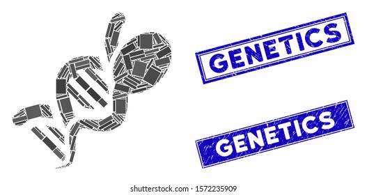 Mosaic genetics pictogram and rectangular Genetics stamps. Flat vector genetics mosaic pictogram of scattered rotated rectangular elements. Blue Genetics stamps with distress surface.