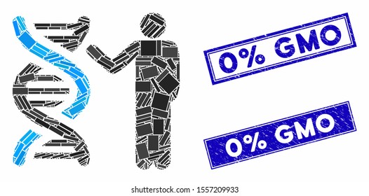 Mosaic genetics report pictogram and rectangular rubber prints. Flat vector genetics report mosaic pictogram of scattered rotated rectangular elements. Blue caption rubber seals with grunged textures.