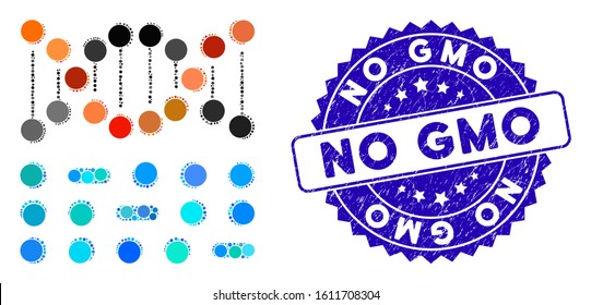 Mosaic genome code icon and grunge stamp seal with No GMO caption. Mosaic vector is formed with genome code icon and with random round spots. No GMO stamp seal uses blue color, and grunged surface.
