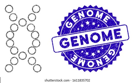 Mosaic Genome Icon And Distressed Stamp Seal With Genome Text. Mosaic Vector Is Formed With Genome Icon And With Scattered Spheric Spots. Genome Stamp Seal Uses Blue Color, And Distress Texture.