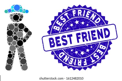 Mosaic gentleman audacity icon and corroded stamp seal with Best Friend phrase. Mosaic vector is designed from gentleman audacity icon and with scattered spheric elements.