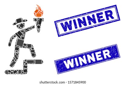 Mosaic gentleman climbing with torch icon and rectangle Winner seal stamps. Flat vector gentleman climbing with torch mosaic icon of scattered rotated rectangle items.