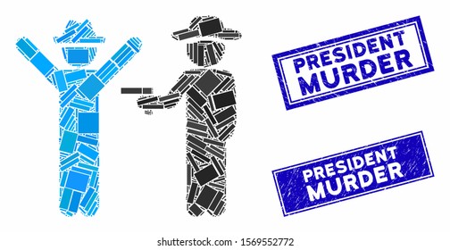 Mosaic gentleman crime icon and rectangular seal stamps. Flat vector gentleman crime mosaic icon of randomized rotated rectangle items. Blue caption seal stamps with scratched surface.
