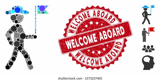 Mosaic gentleman flag guide icon and distressed stamp seal with Welcome Aboard phrase. Mosaic vector is created with gentleman flag guide icon and with scattered round elements.