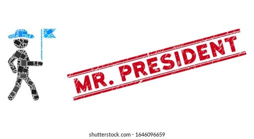 Mosaic gentleman flag guide icon and red Mr. President stamp between double parallel lines. Flat vector gentleman flag guide mosaic icon of randomized rotated rectangle elements. Red Mr.