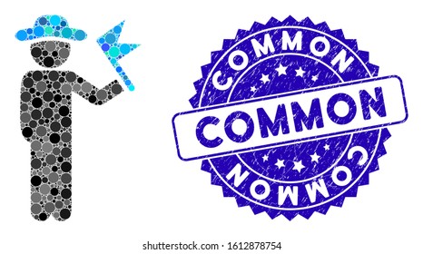 Mosaic gentleman with flag icon and distressed stamp seal with Common caption. Mosaic vector is composed with gentleman with flag icon and with randomized spheric elements.