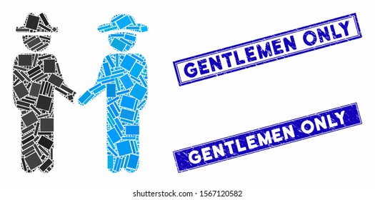 Mosaic gentleman handshake pictogram and rectangle rubber prints. Flat vector gentleman handshake mosaic pictogram of randomized rotated rectangular elements.