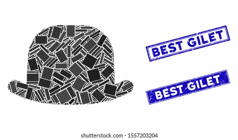 Mosaic gentleman hat icon and rectangle seal stamps. Flat vector gentleman hat mosaic pictogram of random rotated rectangle elements. Blue caption seal stamps with dirty textures.