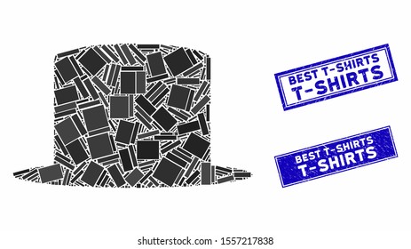 Mosaic gentleman hat icon and rectangular seal stamps. Flat vector gentleman hat mosaic icon of scattered rotated rectangular items. Blue caption rubber seals with grunge surface.