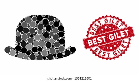 Mosaic gentleman hat and rubber stamp seal with Best Gilet text. Mosaic vector is formed from gentleman hat icon and with random circle elements. Best Gilet stamp seal uses red color,