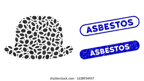 Mosaic gentleman hat and rubber stamp seals with Asbestos phrase. Mosaic vector gentleman hat is created with random elliptic items. Asbestos stamp seals use blue color,