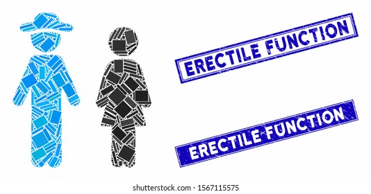 Mosaic gentleman and lady pictogram and rectangular seal stamps. Flat vector gentleman and lady mosaic pictogram of randomized rotated rectangular items.