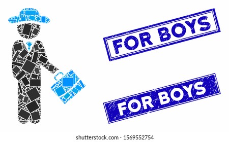 Mosaic gentleman manager icon and rectangle seal stamps. Flat vector gentleman manager mosaic icon of randomized rotated rectangle elements. Blue caption seal stamps with rubber surface.