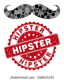 Mosaic gentleman moustache and rubber stamp seal with Hipster caption. Mosaic vector is formed from gentleman moustache icon and with scattered spheric items. Hipster stamp seal uses red color,
