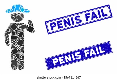 Mosaic gentleman opinion pictogram and rectangular rubber prints. Flat vector gentleman opinion mosaic pictogram of randomized rotated rectangular items. Blue caption watermarks with grunge texture.