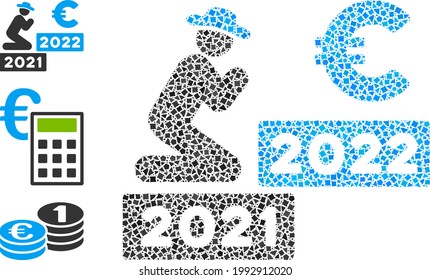 Mosaic Gentleman pray euro 2022 icon composed of uneven pieces in random sizes, positions and proportions. Vector joggly dots are composed into abstract illustration gentleman pray euro 2022 icon.