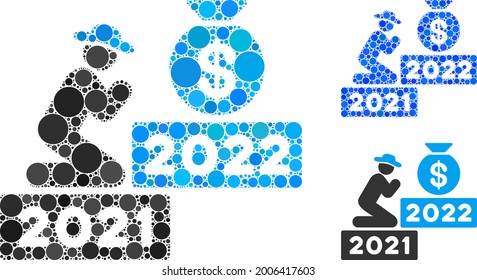 Mosaic gentleman pray for money 2022 icon composed of round elements in different sizes, positions and proportions. Blue and original versions of gentleman pray for money 2022 icon.