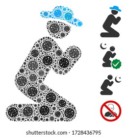Mosaic gentleman pray united from SARS virus icons in random sizes and color hues. Vector viral icons are arranged into abstract mosaic gentleman pray icon. Some bonus icons are added.