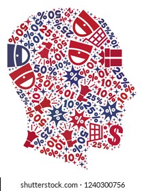Mosaic gentleman profile designed with blue and red shopping symbols. Retail combination of mosaic gentleman profile icon. Flat design for shopping templates.