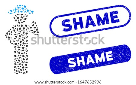 Mosaic gentleman proposal and corroded stamp seals with Shame phrase. Mosaic vector gentleman proposal is composed with scattered oval elements. Shame seals use blue color,