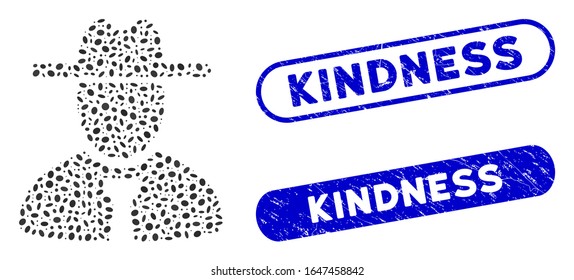 Mosaic gentleman and rubber stamp seals with Kindness caption. Mosaic vector gentleman is designed with random ellipse spots. Kindness stamp seals use blue color, and have round rectangle shape.