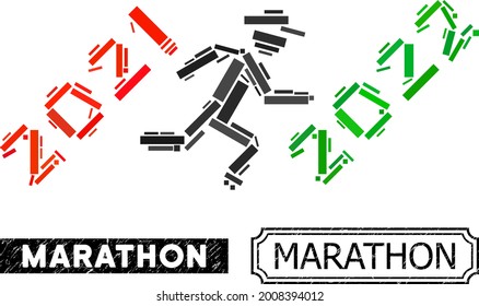 Mosaic gentleman run to 2022 composed of rectangular items, and black grunge Marathon rectangle seal with notches.