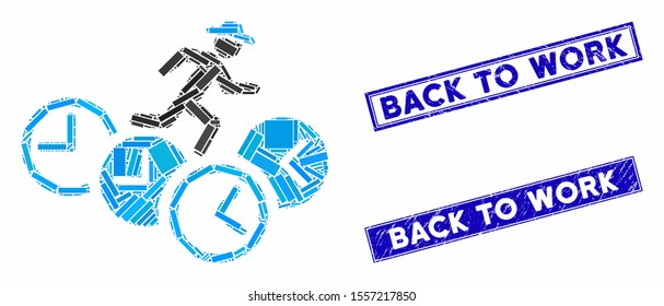 Mosaic gentleman running over clocks pictogram and rectangular rubber prints. Flat vector gentleman running over clocks mosaic pictogram of random rotated rectangular elements.