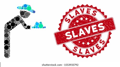 Mosaic gentleman servant and corroded stamp seal with Slaves phrase. Mosaic vector is formed with gentleman servant icon and with random round elements. Slaves stamp seal uses red color,