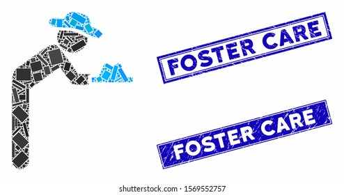 Mosaic gentleman servant icon and rectangular stamps. Flat vector gentleman servant mosaic icon of randomized rotated rectangular elements. Blue caption watermarks with scratched textures.