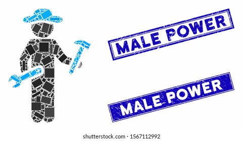 Mosaic gentleman serviceman pictogram and rectangle stamps. Flat vector gentleman serviceman mosaic icon of scattered rotated rectangle items. Blue caption rubber stamps with scratched textures.