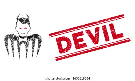Mosaic gentleman spectre devil icon and red Devil stamp between double parallel lines. Flat vector gentleman spectre devil mosaic icon of randomized rotated rectangle elements.