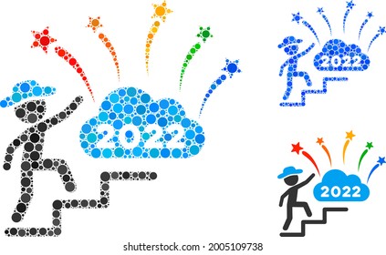 Mosaic gentleman steps to 2022 fireworks icon composed of spheric elements in various sizes, positions and proportions. Blue and original versions of gentleman steps to 2022 fireworks icon.