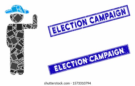Mosaic gentleman vote icon and rectangular Election Campaign rubber prints. Flat vector gentleman vote mosaic pictogram of random rotated rectangular items.