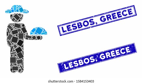 Mosaic gentleman waiter icon and rectangular Lesbos, Greece seal stamps. Flat vector gentleman waiter mosaic icon of scattered rotated rectangular elements. Blue Lesbos,