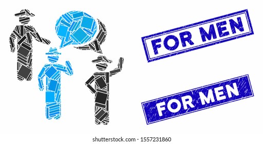 Mosaic gentlemen discussion pictogram and rectangular seal stamps. Flat vector gentlemen discussion mosaic pictogram of random rotated rectangular items.