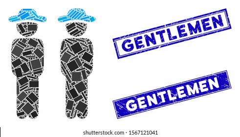 Mosaic gentlemen icon and rectangle seal stamps. Flat vector gentlemen mosaic icon of scattered rotated rectangle elements. Blue caption stamps with corroded texture.