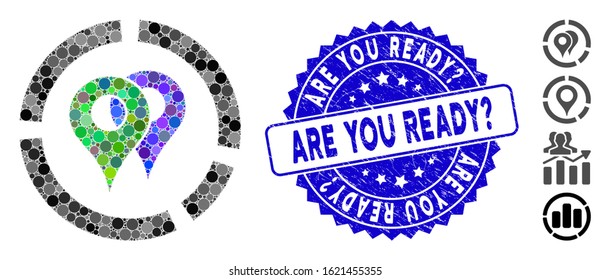 Mosaic geo diagram icon and grunge stamp seal with Are You Ready? phrase. Mosaic vector is formed from geo diagram pictogram and with randomized circle spots.
