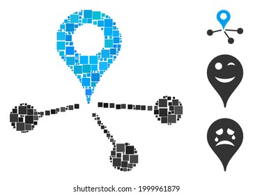 Mosaik Geo Netzwerk-Symbol aus quadratischen Elementen in verschiedenen Größen und Farbtönen organisiert. Vektorquadratische Elemente werden zu einem abstrakten Mosaik Geo-Netzwerk-Symbol vereint. Bonussymbole werden platziert.