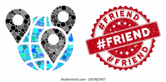 Mosaic geo targeting and grunge stamp seal with #Friend phrase. Mosaic vector is designed from geo targeting icon and with random spheric items. #Friend stamp seal uses red color, and grunge texture.