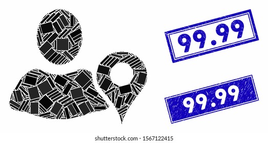 Mosaic geo targeting icon and rectangle rubber prints. Flat vector geo targeting mosaic icon of scattered rotated rectangle elements. Blue caption rubber seals with scratched surface.